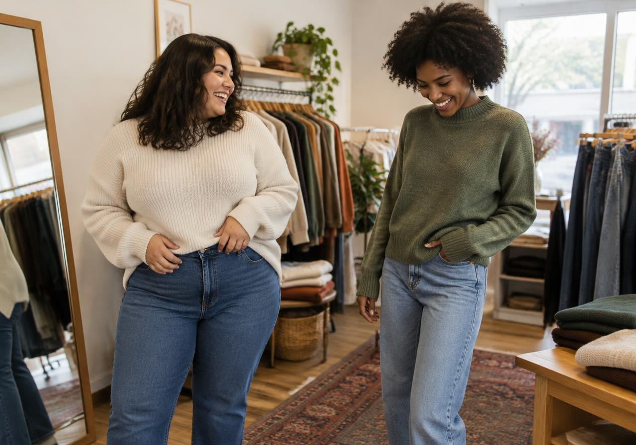 Imagen ilustrativa: dos mujeres probándose ropa en una pequeña tienda